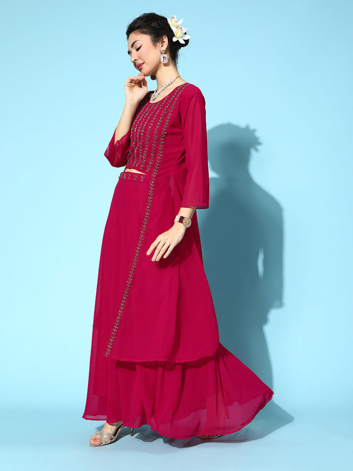 Burgundy High Low Kurta with Flared Skirt & Cutdana Embroidery