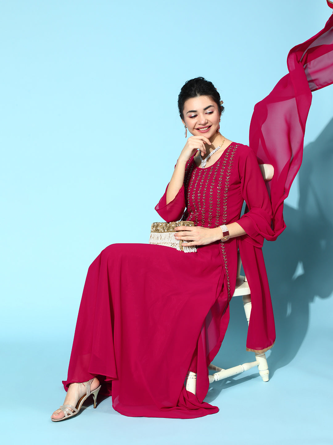 Burgundy High Low Kurta with Flared Skirt & Cutdana Embroidery