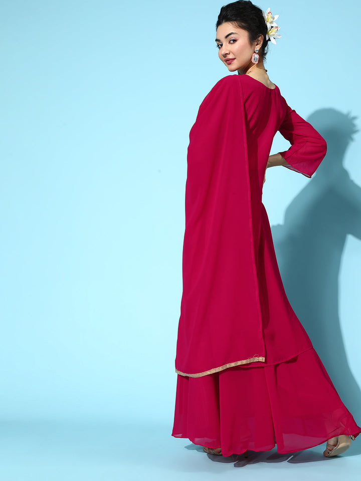 Burgundy High Low Kurta with Flared Skirt & Cutdana Embroidery