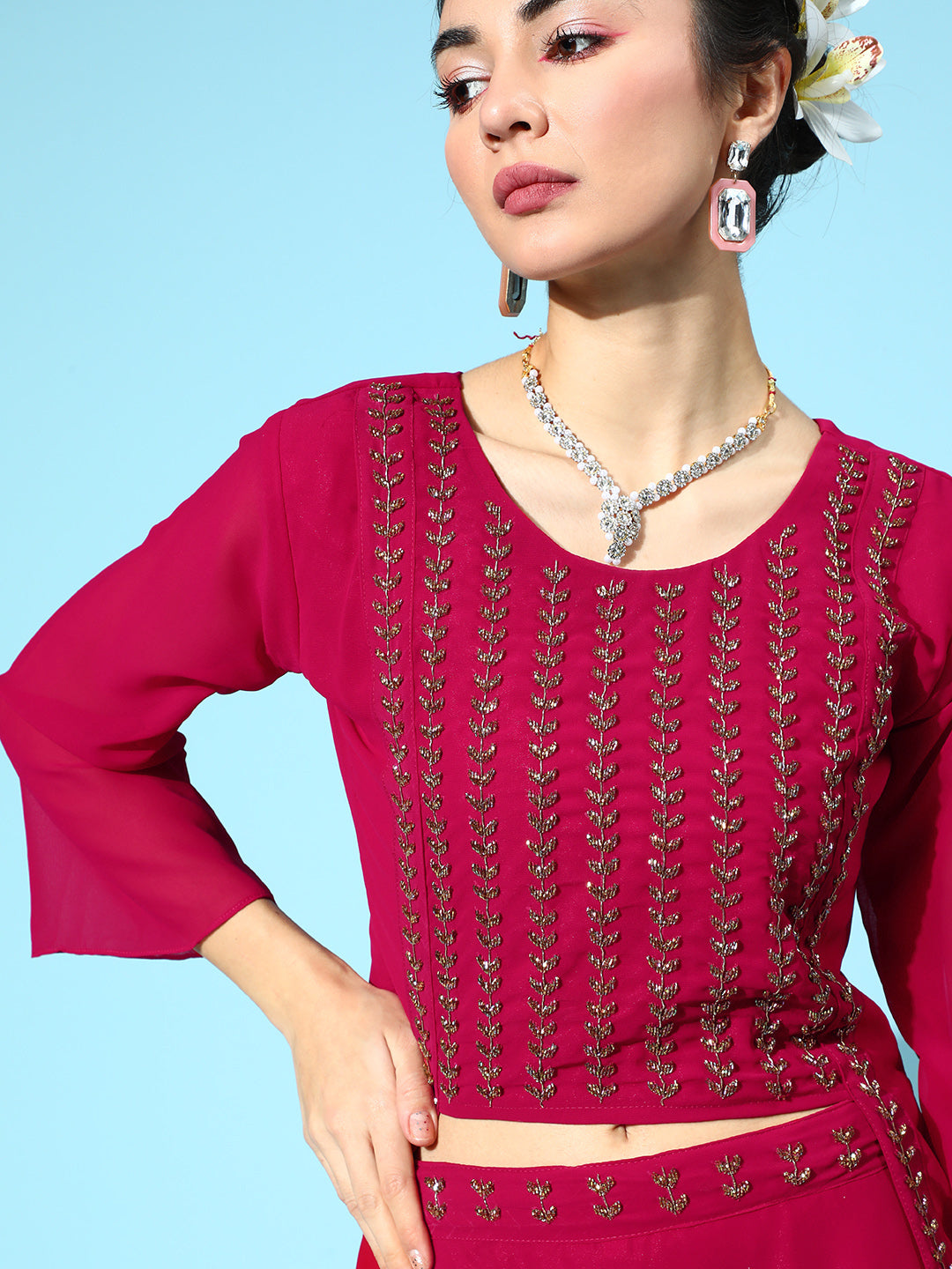 Burgundy High Low Kurta with Flared Skirt & Cutdana Embroidery