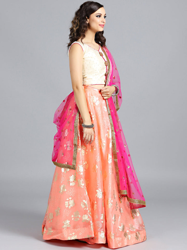 Embellished Colorblocked Organza Crop Top Lehenga Choli