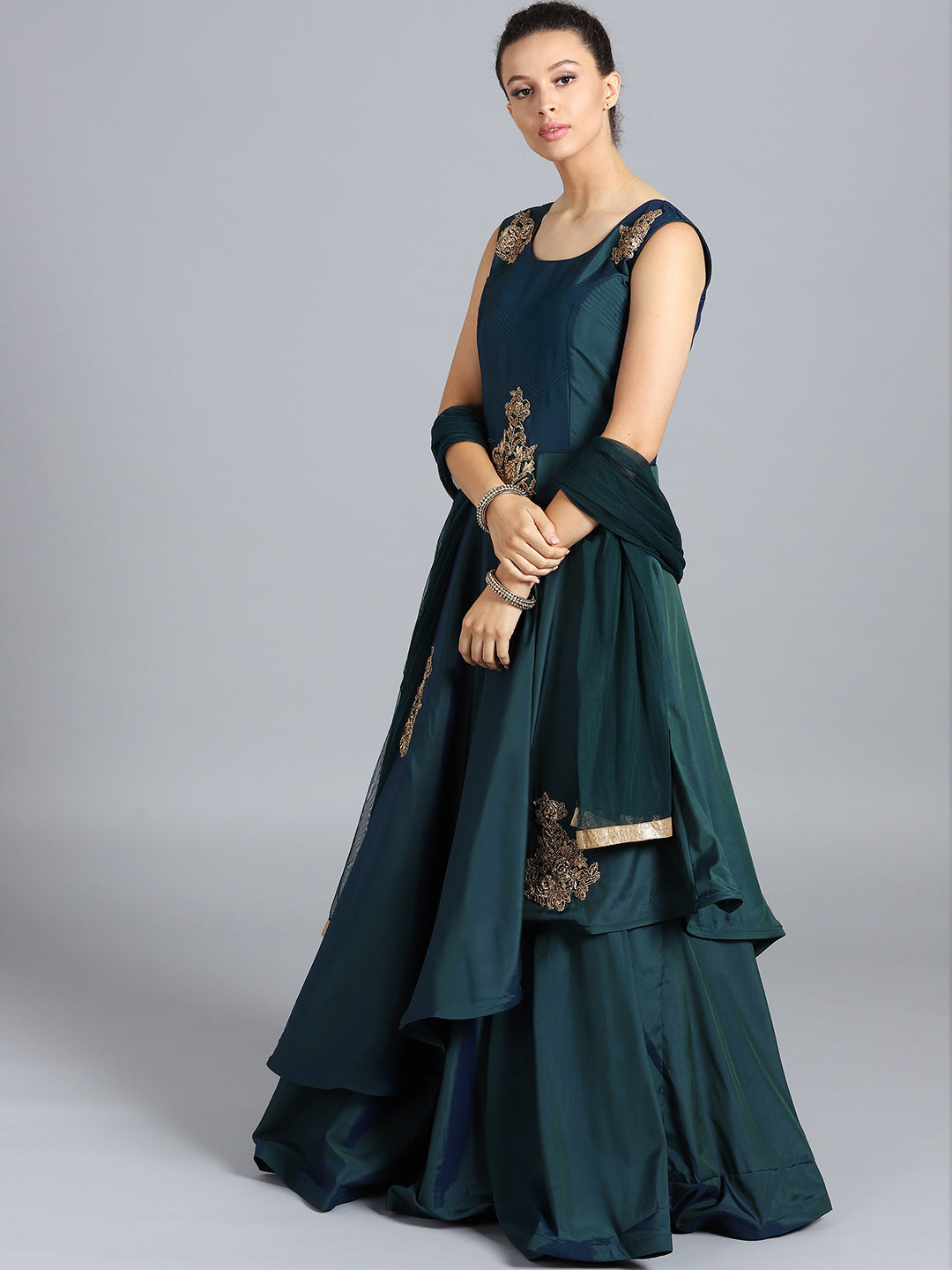 Layered Silk Gown with Zircon Hand Embellishments