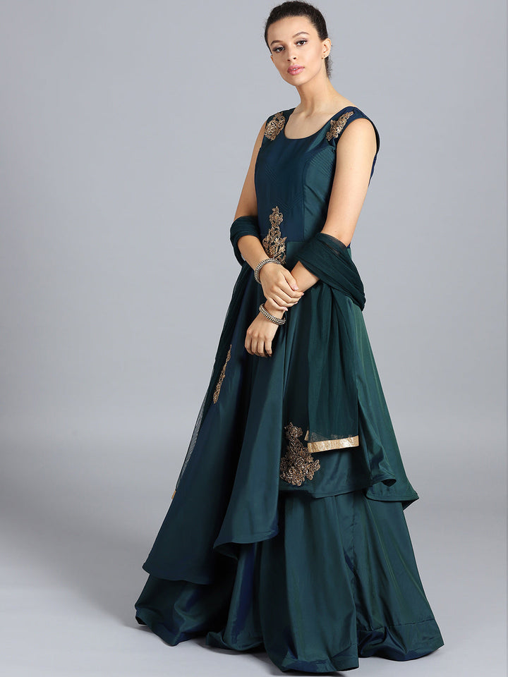 Layered Silk Gown with Zircon Hand Embellishments