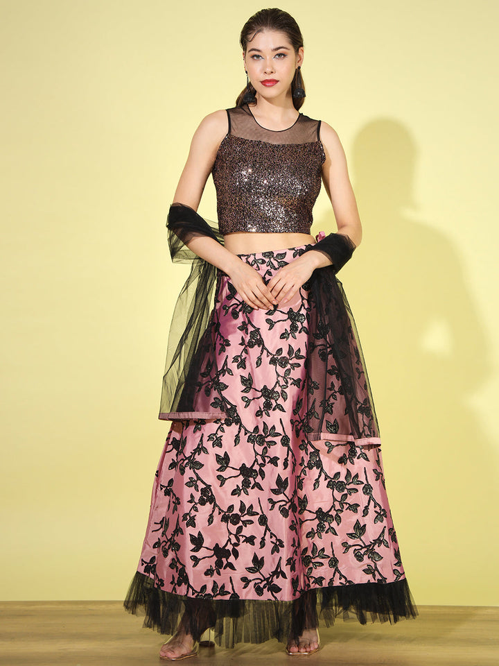 Black Sequinned Crop-Top Lehenga Set with Pleated Hemline