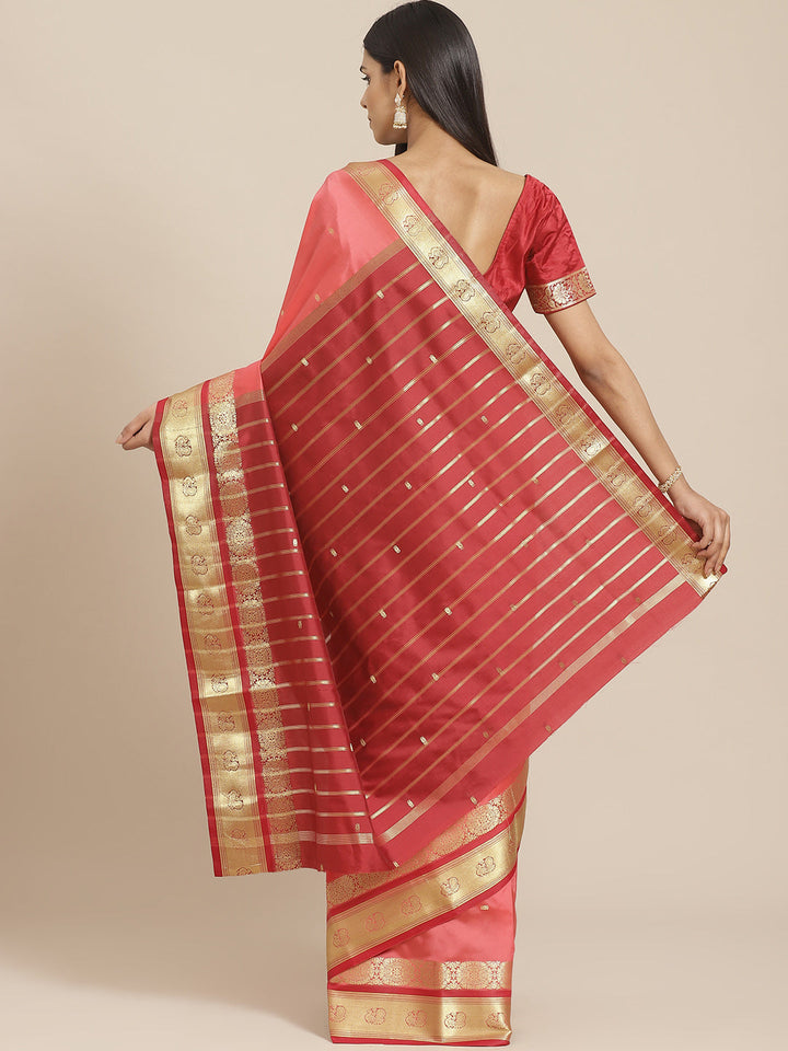 Kanjiwaram Dupion Silk Saree with Ethnic Weaving Broad Peacock Border and Contrast Pallu