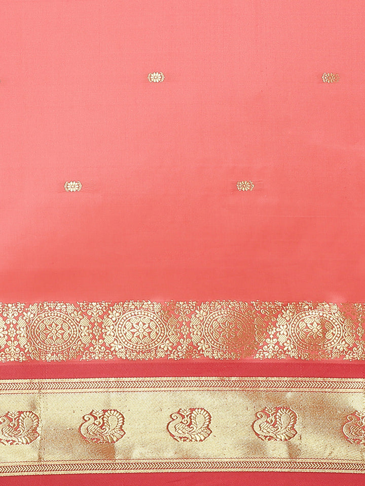 Kanjiwaram Dupion Silk Saree with Ethnic Weaving Broad Peacock Border and Contrast Pallu