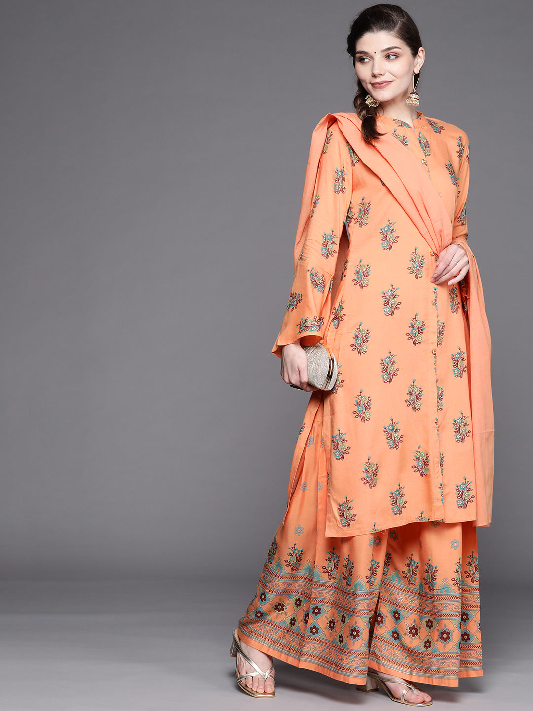 Floral Digital Print Mandarin Collar Kurta Sharara Set with Bell sleeves