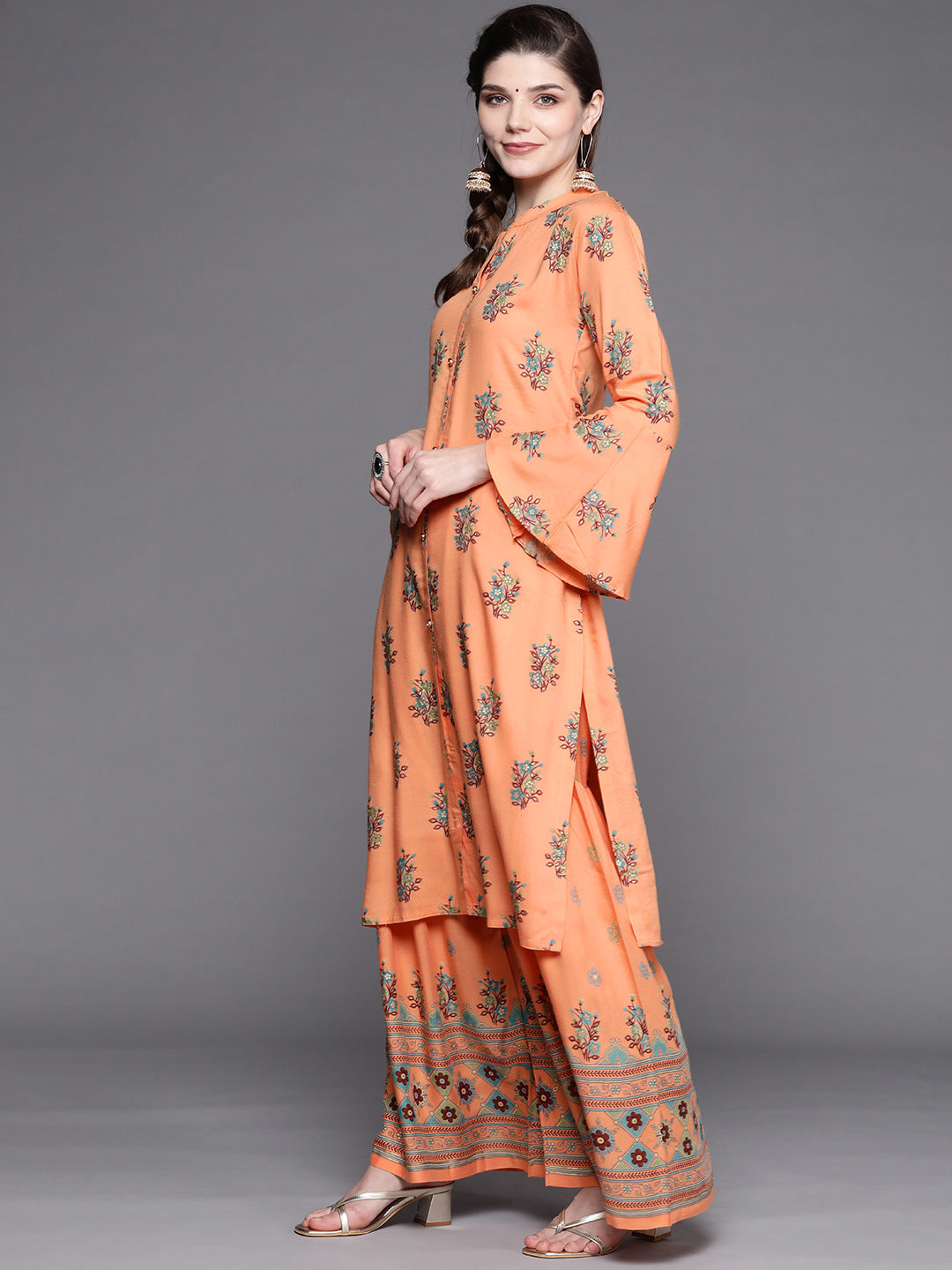 Floral Digital Print Mandarin Collar Kurta Sharara Set with Bell sleeves