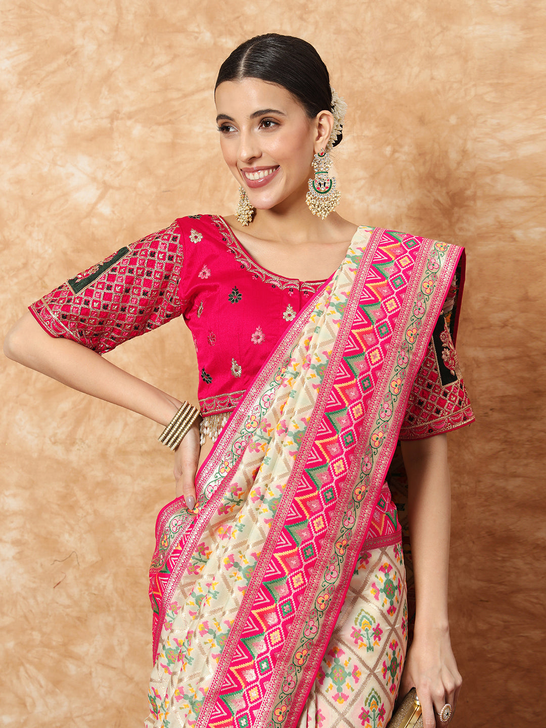 Banarasi Ivory Silk Saree with Jamdani Bandhej Geometrical Weaves