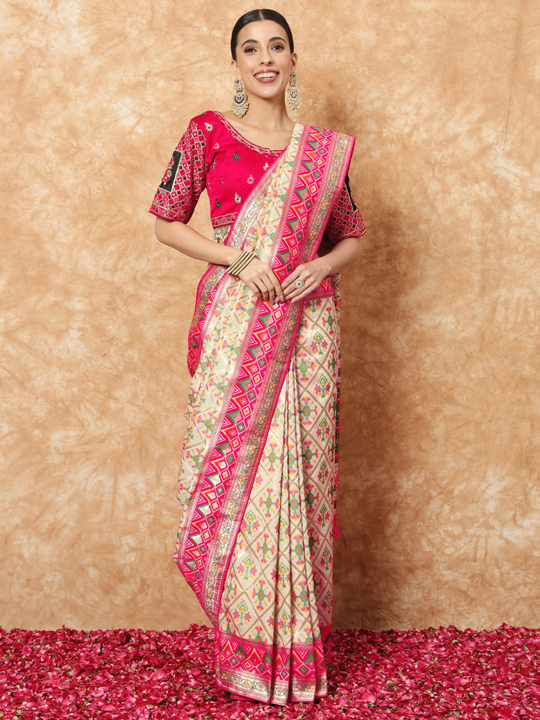Banarasi Ivory Silk Saree with Jamdani Bandhej Geometrical Weaves