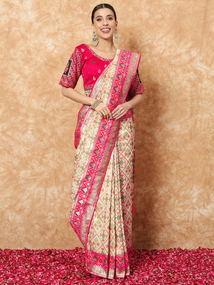 Banarasi Ivory Silk Saree with Jamdani Bandhej Geometrical Weaves
