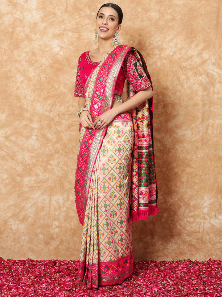 Banarasi Ivory Silk Saree with Jamdani Bandhej Geometrical Weaves