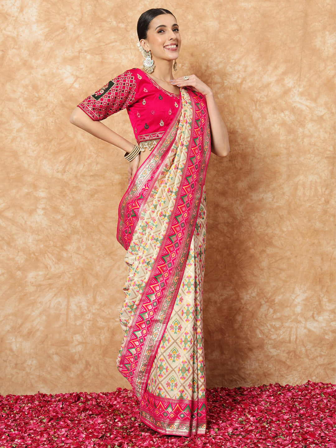 Banarasi Ivory Silk Saree with Jamdani Bandhej Geometrical Weaves