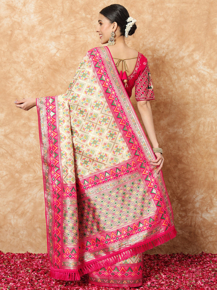Banarasi Ivory Silk Saree with Jamdani Bandhej Geometrical Weaves