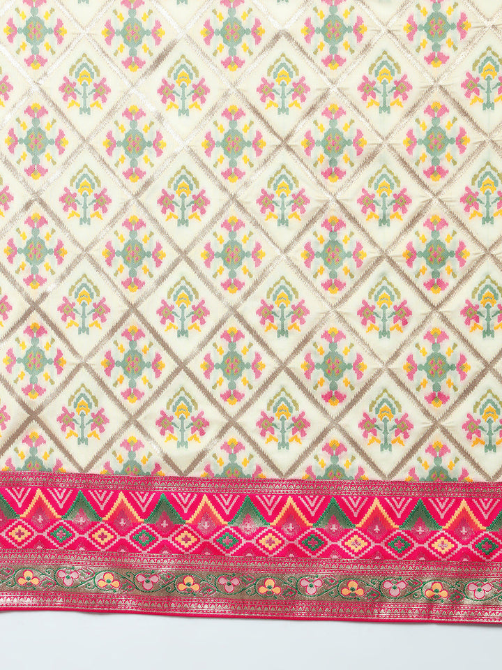 Banarasi Ivory Silk Saree with Jamdani Bandhej Geometrical Weaves