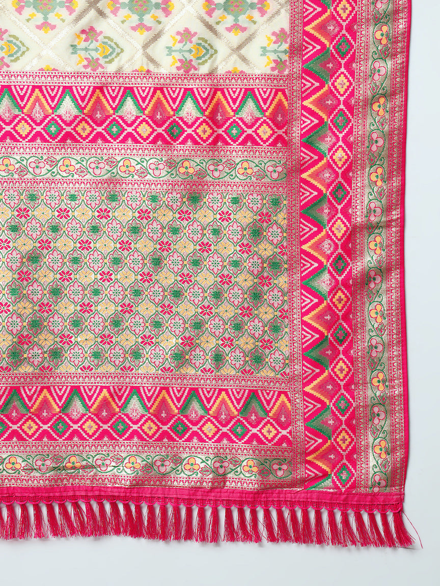 Banarasi Ivory Silk Saree with Jamdani Bandhej Geometrical Weaves