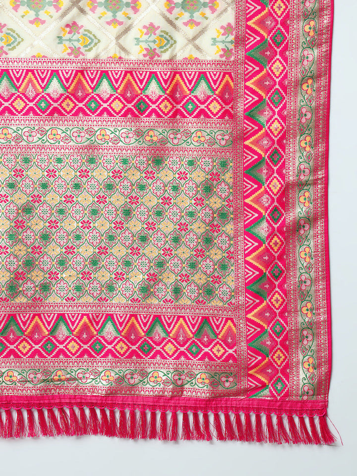 Banarasi Ivory Silk Saree with Jamdani Bandhej Geometrical Weaves