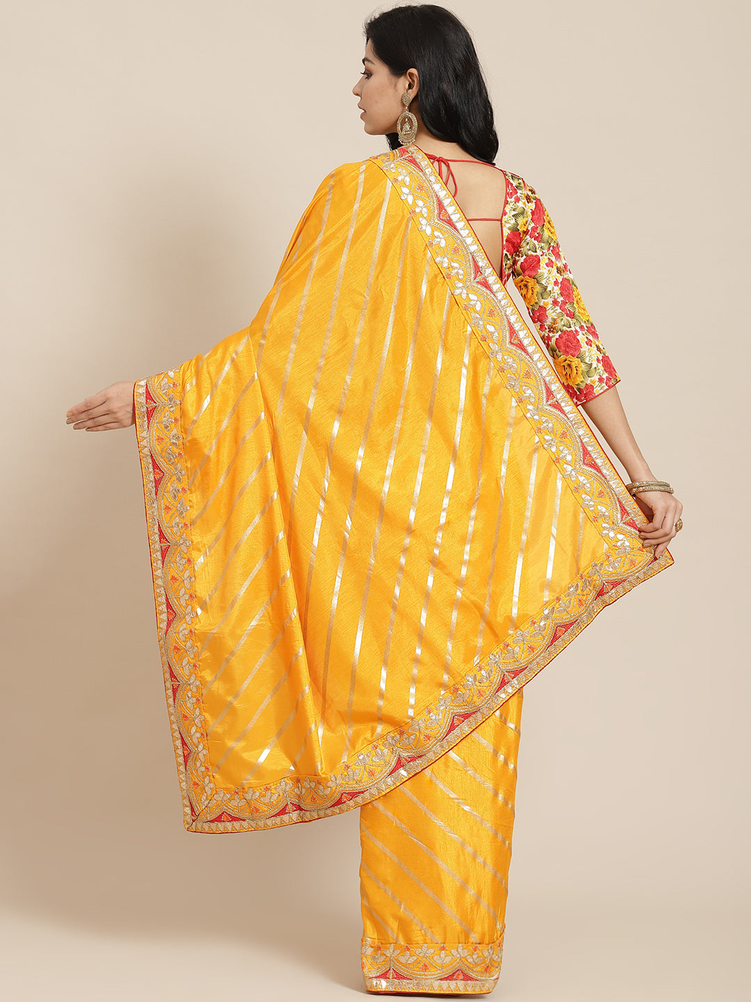 Mustard  Leheriya Dupion Silk Saree Embellished With Gota Patti Border