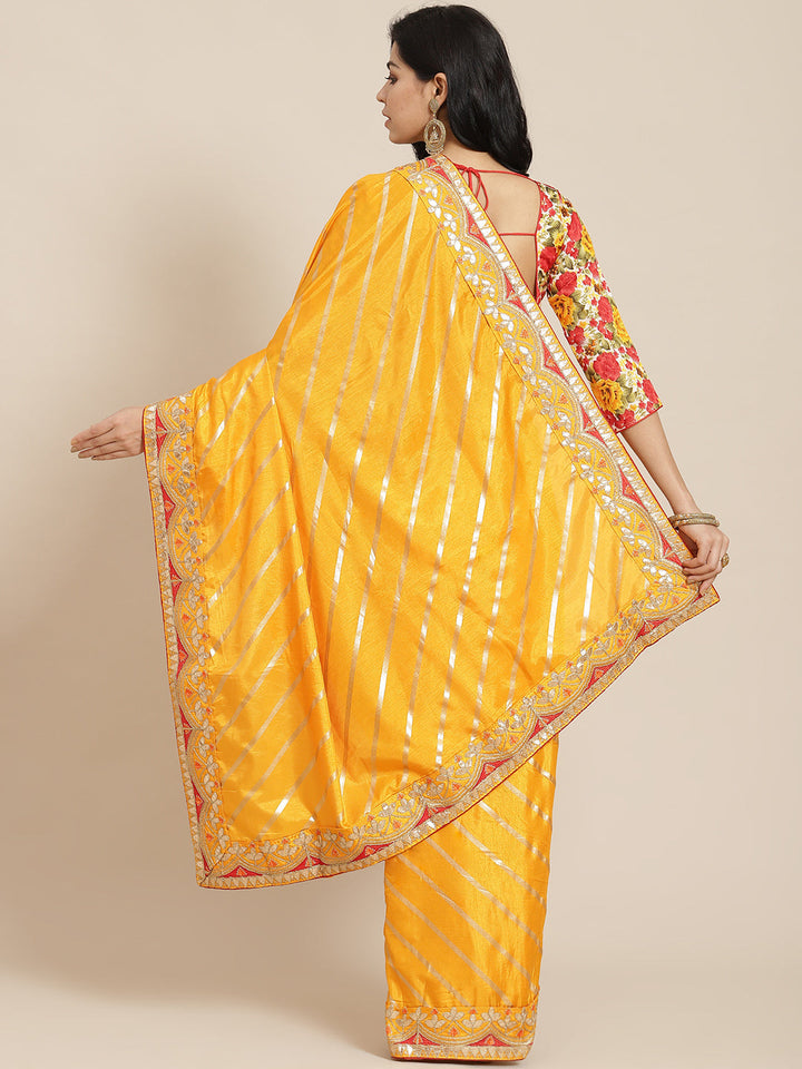 Mustard  Leheriya Dupion Silk Saree Embellished With Gota Patti Border