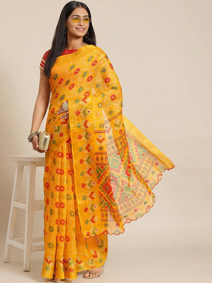 Mustard Abstract Geometrical Tribal Printed Chanderi Silk Saree