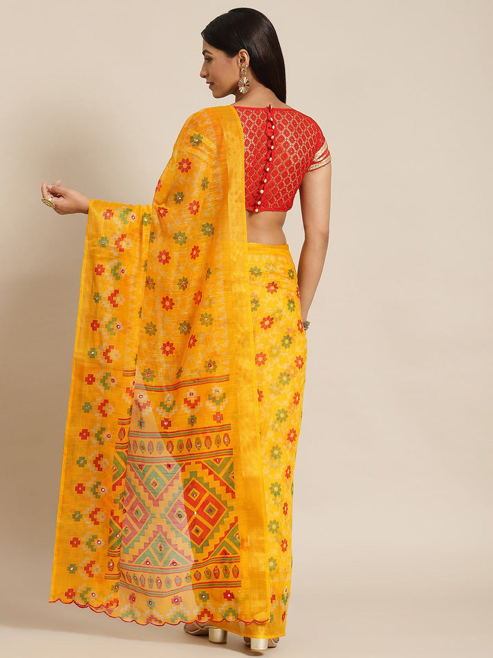 Mustard Abstract Geometrical Tribal Printed Chanderi Silk Saree