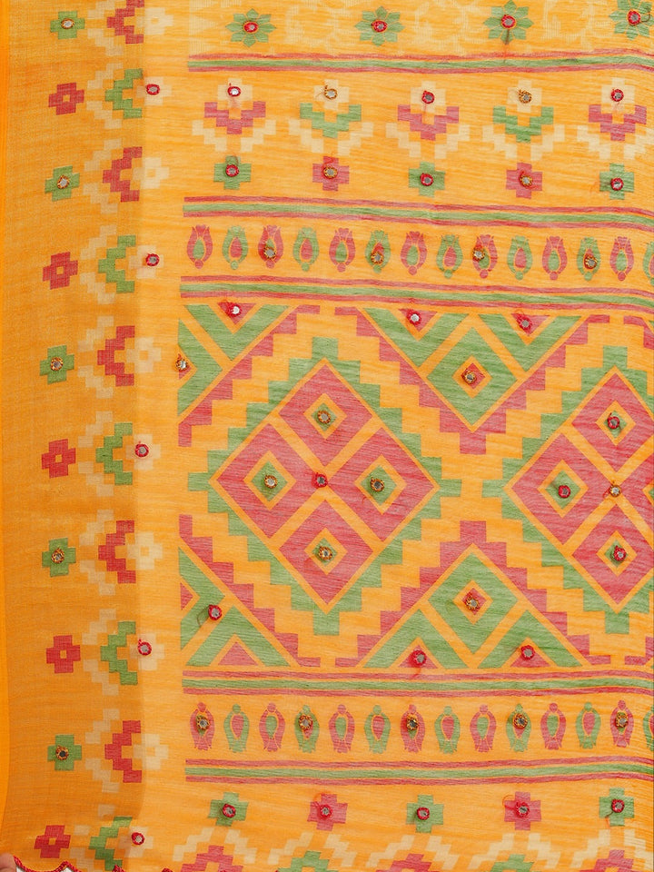 Mustard Abstract Geometrical Tribal Printed Chanderi Silk Saree