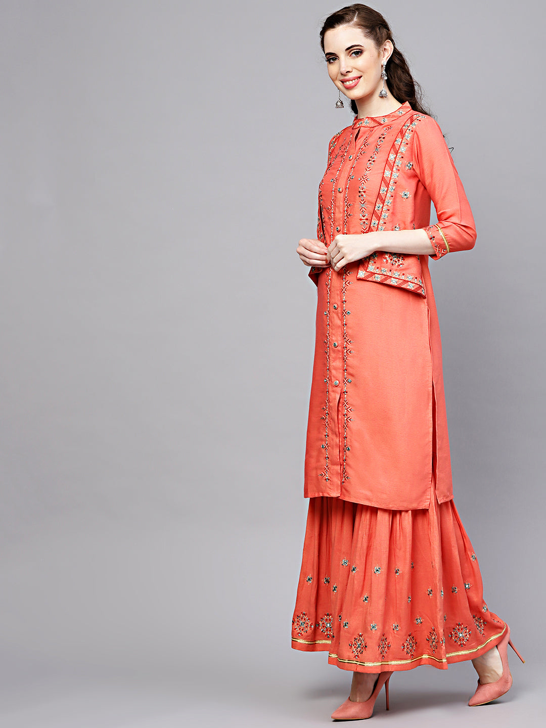 Cotton Kurta Pallazo Set with Attached Short Jacket