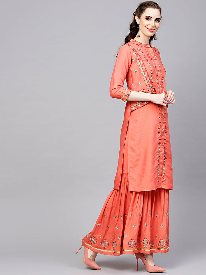Cotton Kurta Pallazo Set with Attached Short Jacket
