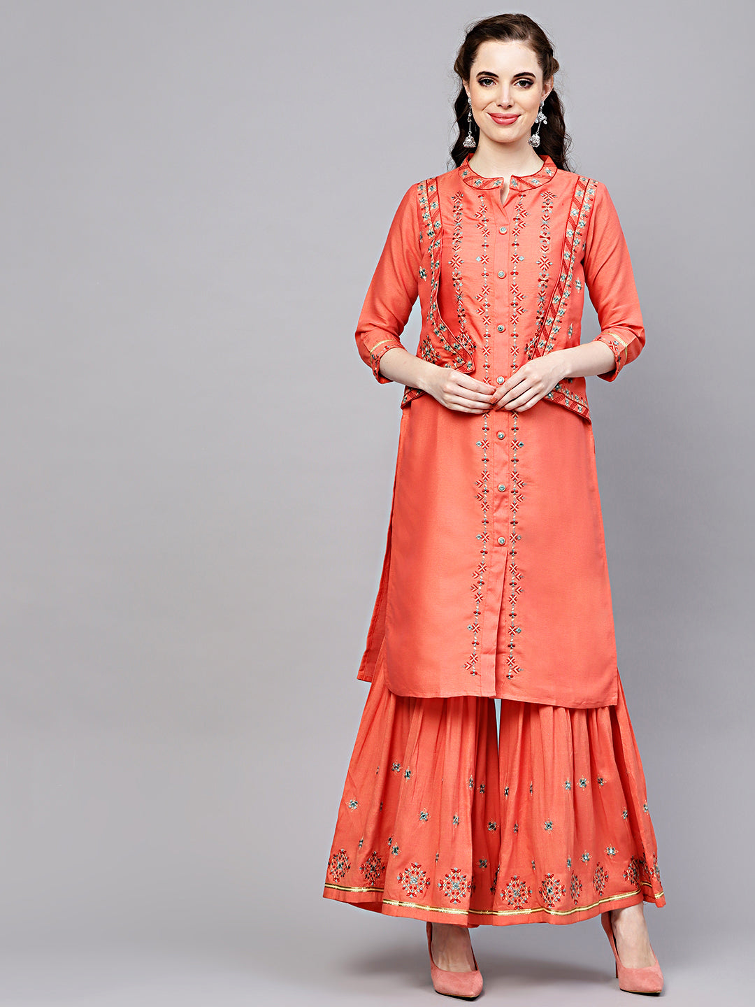Cotton Kurta Pallazo Set with Attached Short Jacket