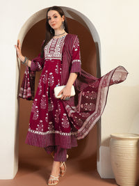 Chhabra 555 Resham Embroidered Flared Cotton Suit with Floral Block Print and Mirror Embellishments