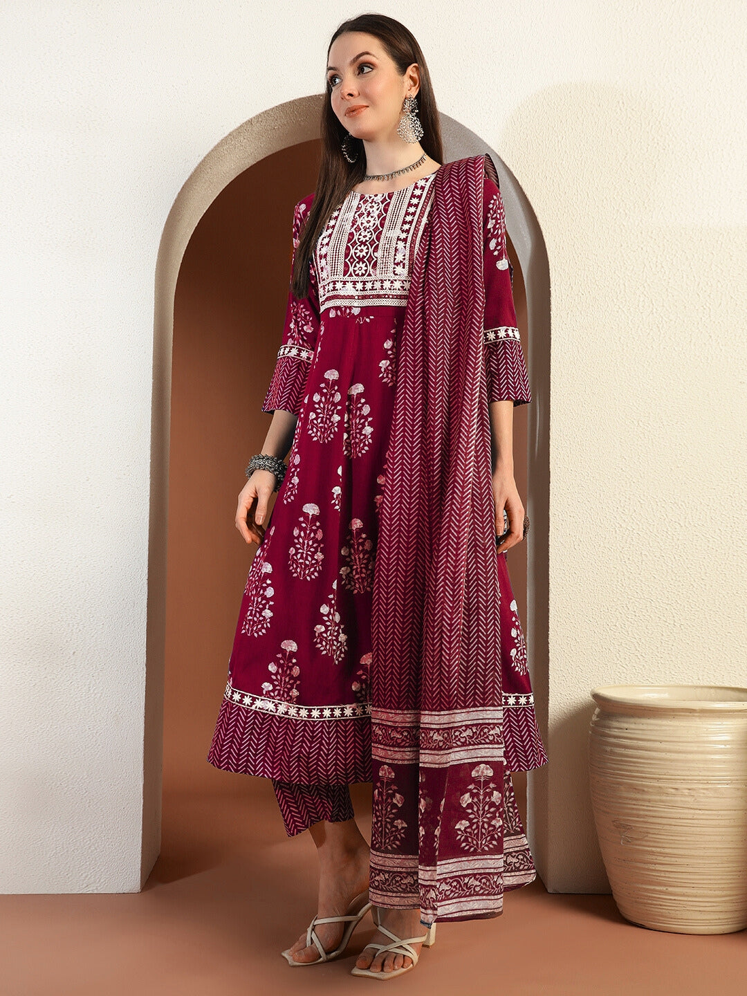 Resham Embroidered Flared Cotton Suit with Floral Block Print and Mirror Embellishments
