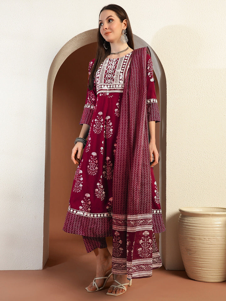 Resham Embroidered Flared Cotton Suit with Floral Block Print and Mirror Embellishments