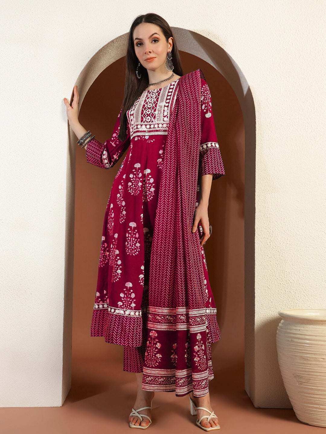 Resham Embroidered Flared Cotton Suit with Floral Block Print and Mirror Embellishments