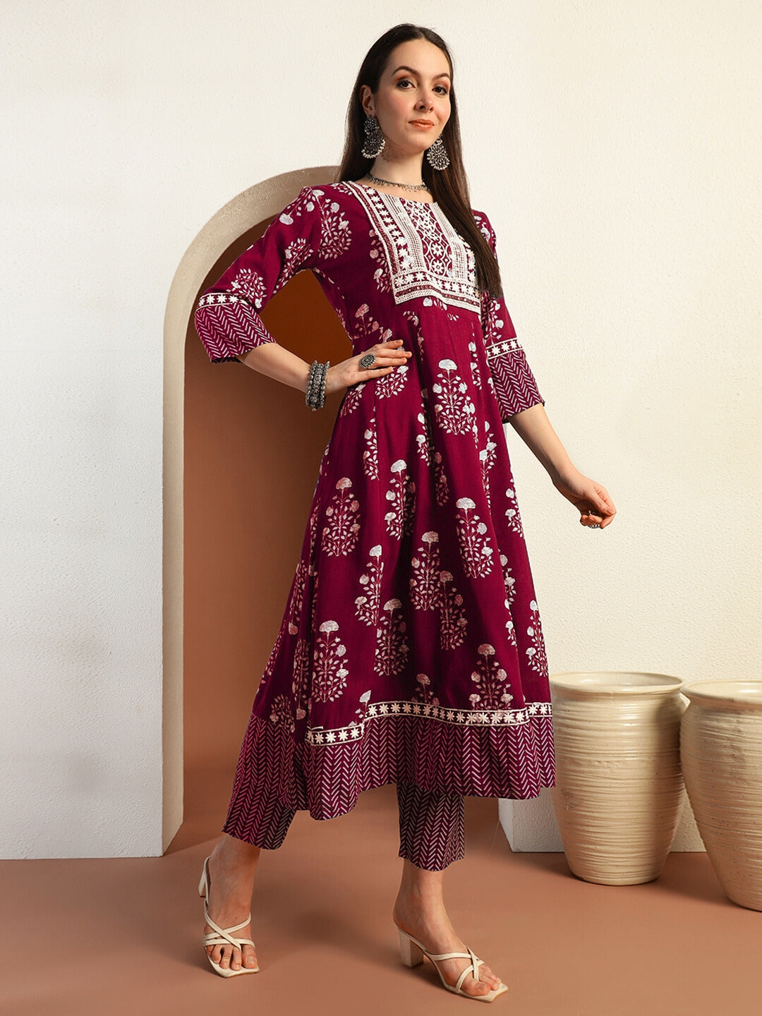 Resham Embroidered Flared Cotton Suit with Floral Block Print and Mirror Embellishments