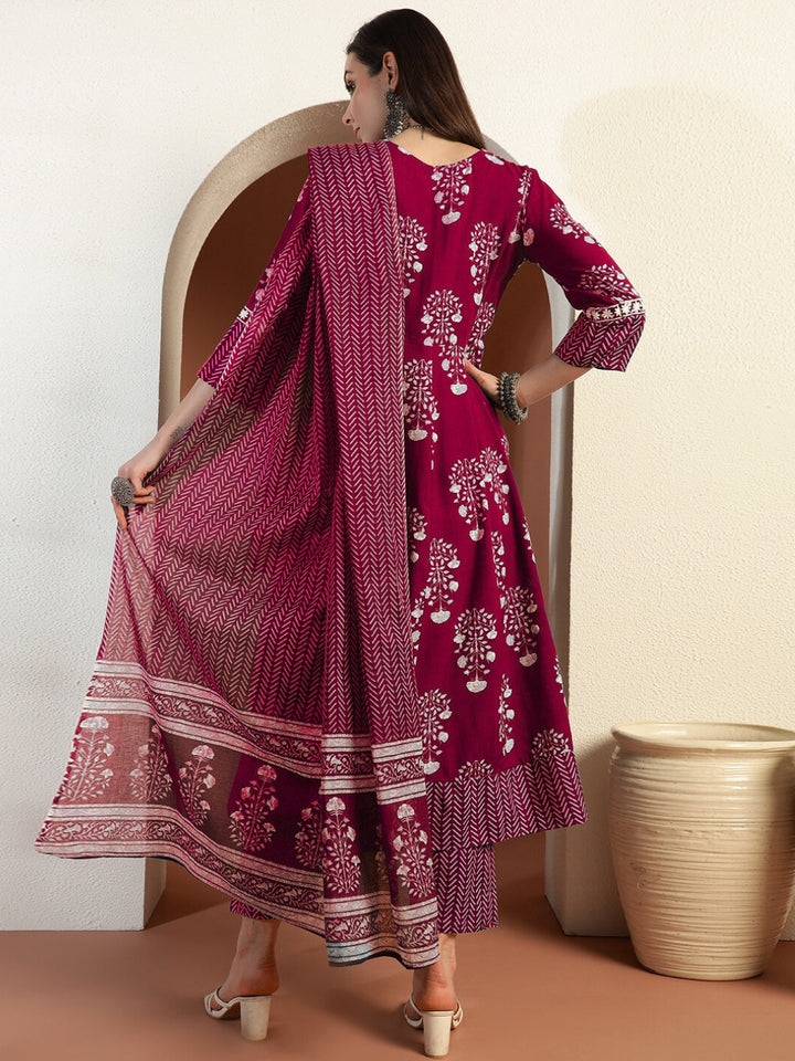 Resham Embroidered Flared Cotton Suit with Floral Block Print and Mirror Embellishments