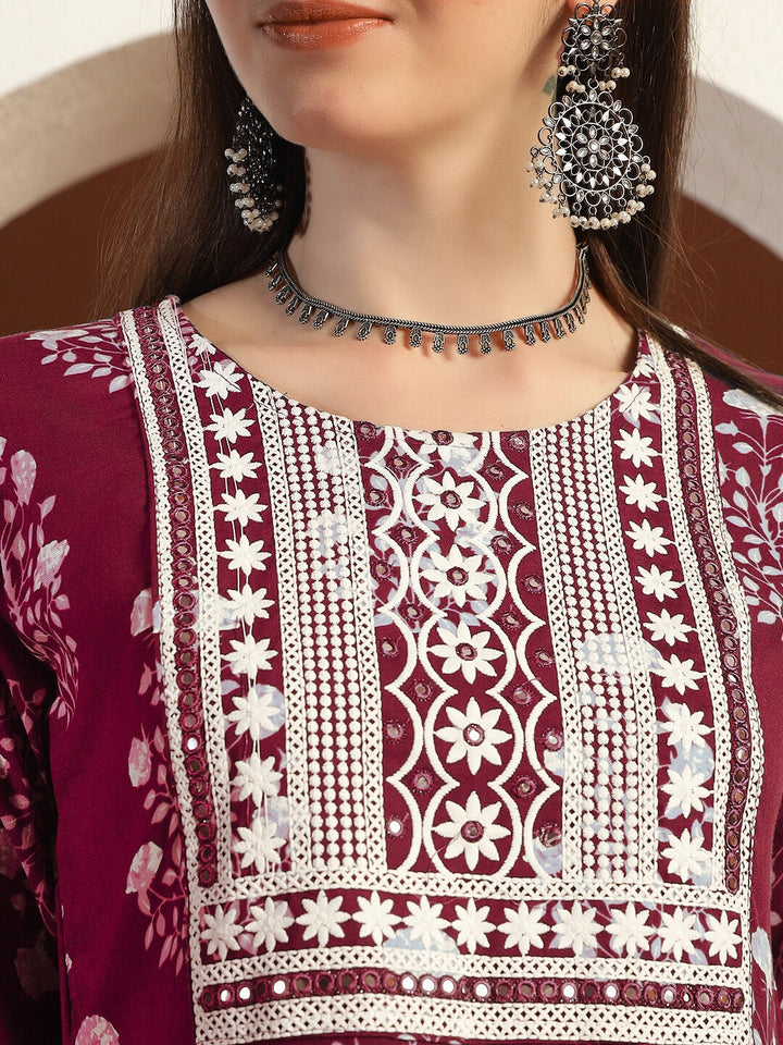 Resham Embroidered Flared Cotton Suit with Floral Block Print and Mirror Embellishments