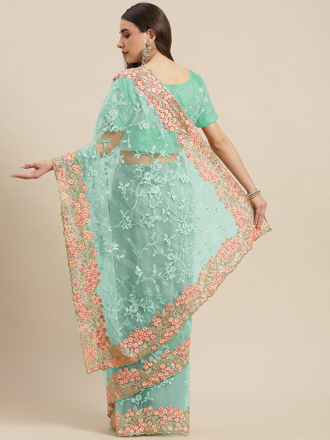 Pastel Net Zari & Resham Embroidery Saree With Scalloped Cutwork Border