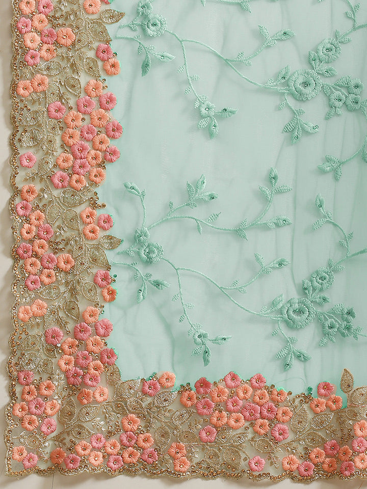 Pastel Net Zari & Resham Embroidery Saree With Scalloped Cutwork Border