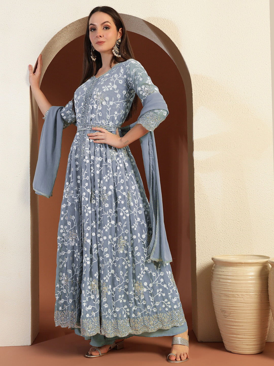 Chhabra 555 Chikankari Thread Embroidered High Slit Kurta set with Scalloped Sequinned Border & Belt