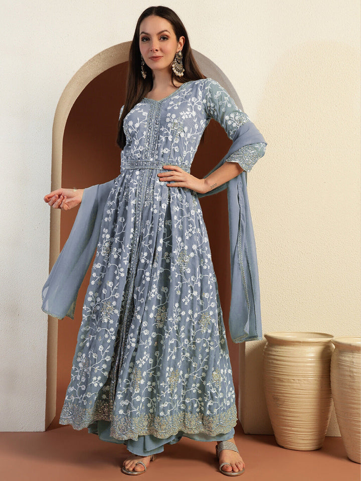 Chikankari Thread Embroidered High Slit Kurta set with Scalloped Sequinned Border & Belt