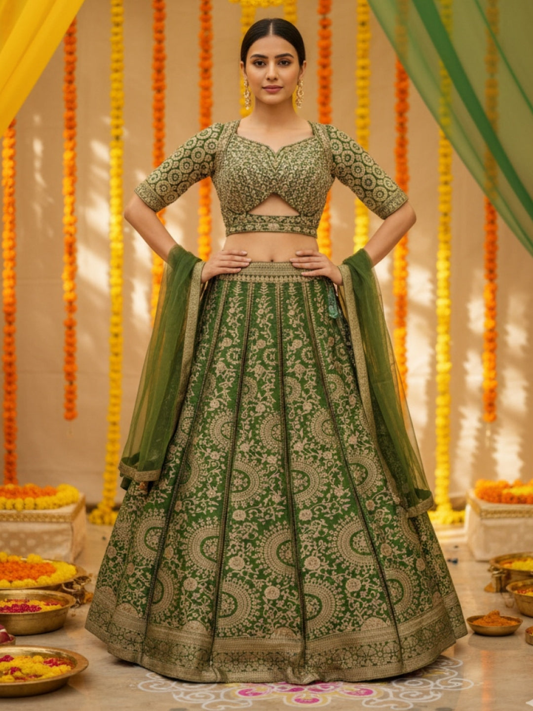 Banarasi Silk Kalidar Lehenga with Zari Weaving, Princess Cut-blouse & Cut-out detail