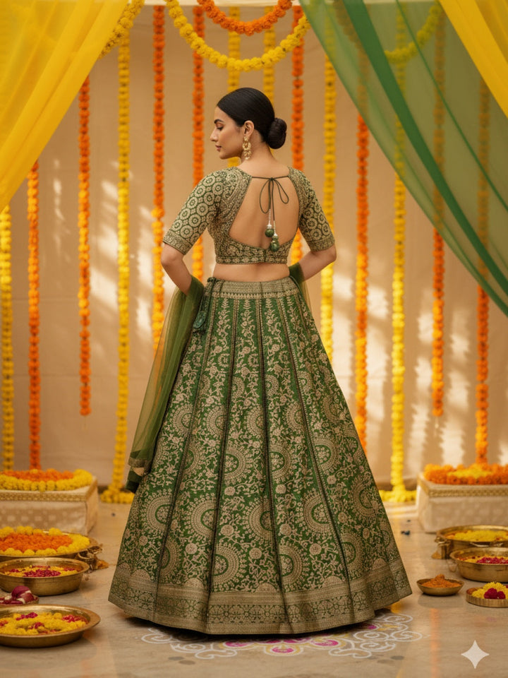 Banarasi Silk Kalidar Lehenga with Zari Weaving, Princess Cut-blouse & Cut-out detail