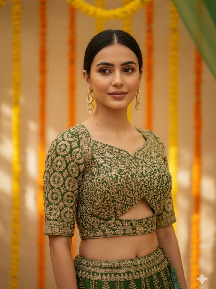 Banarasi Silk Kalidar Lehenga with Zari Weaving, Princess Cut-blouse & Cut-out detail