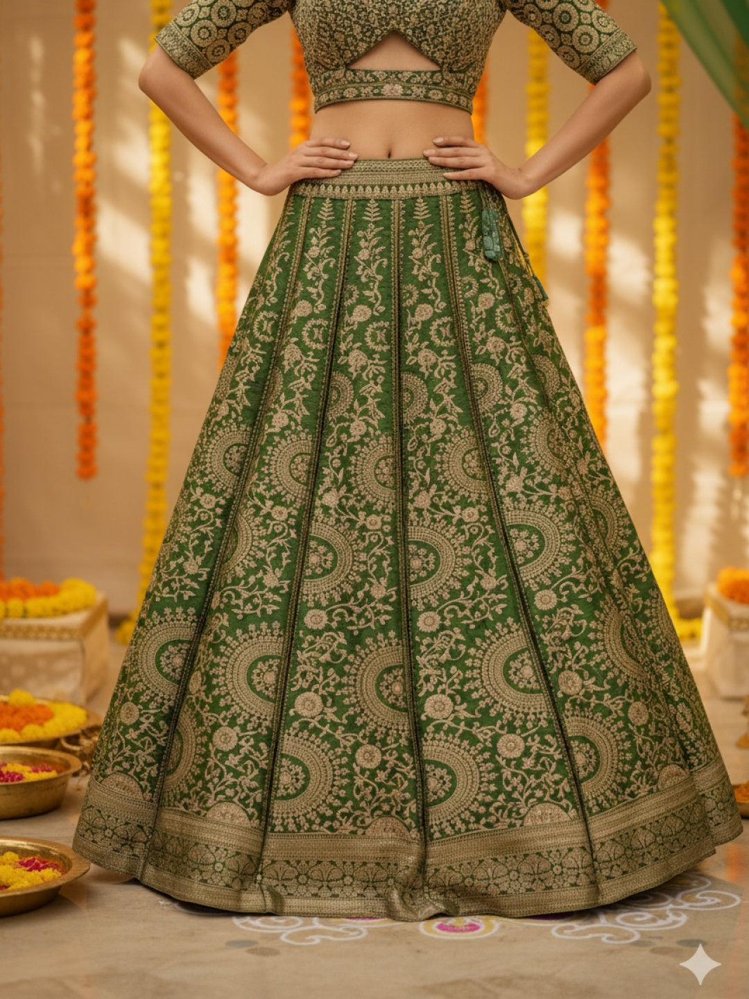 Banarasi Silk Kalidar Lehenga with Zari Weaving, Princess Cut-blouse & Cut-out detail