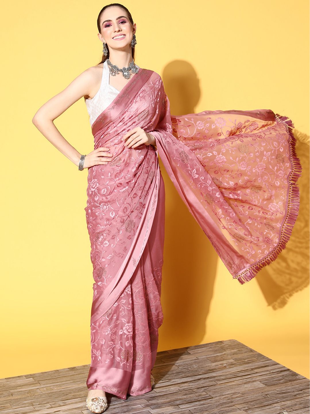 Mauve Pink Crystal Studded Saree with Resham Embroidered Floral motifs