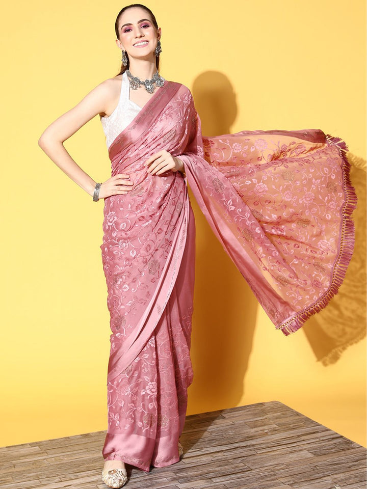 Mauve Pink Crystal Studded Saree with Resham Embroidered Floral motifs