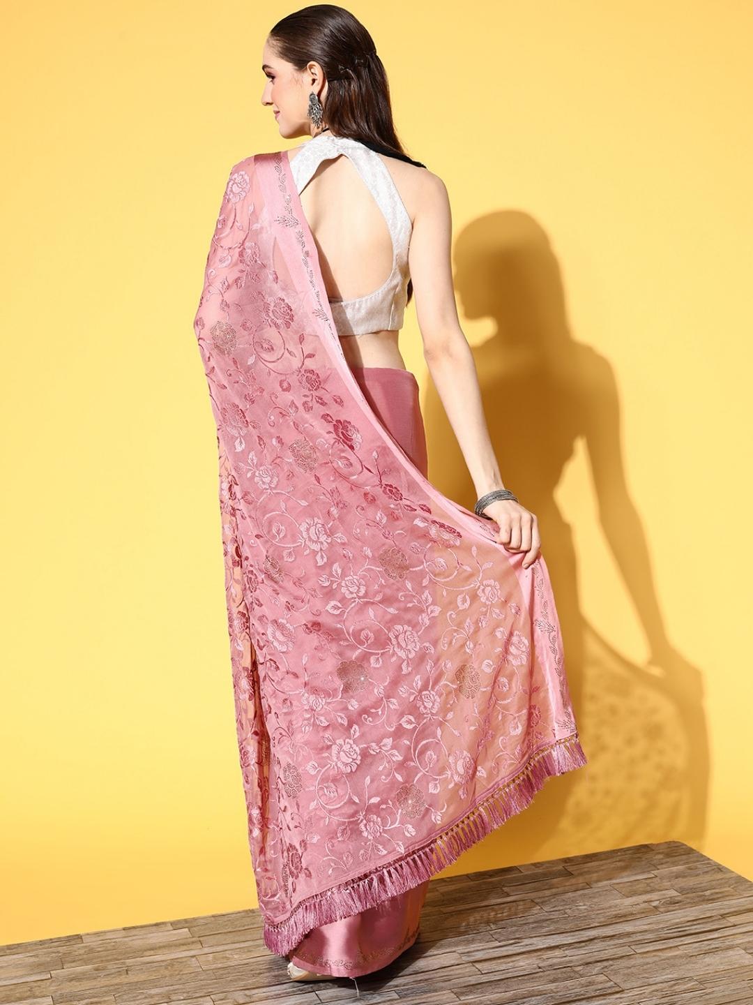 Mauve Pink Crystal Studded Saree with Resham Embroidered Floral motifs