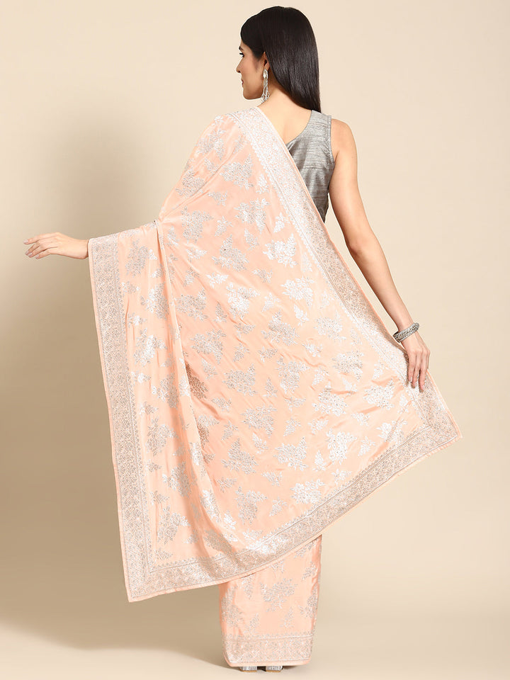 Peach Crepe Silver Embroidery & Stone Embellished Glamourous Saree