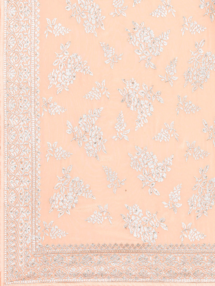Peach Crepe Silver Embroidery & Stone Embellished Glamourous Saree