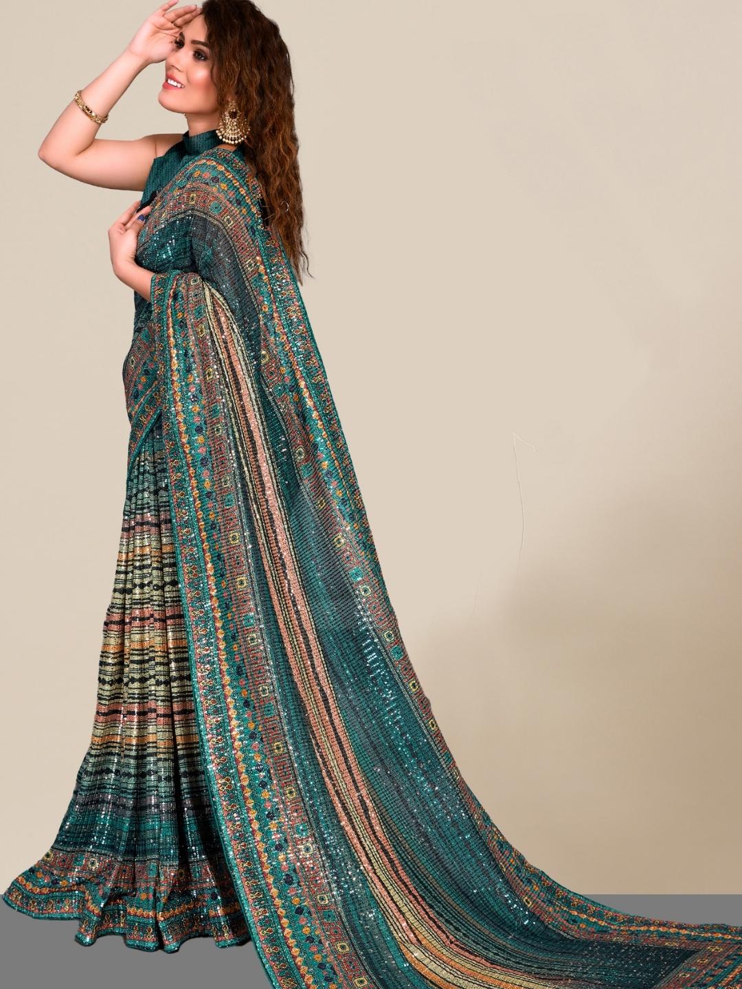 Striped Digital Print Saree with Allover Sequin Embroidery